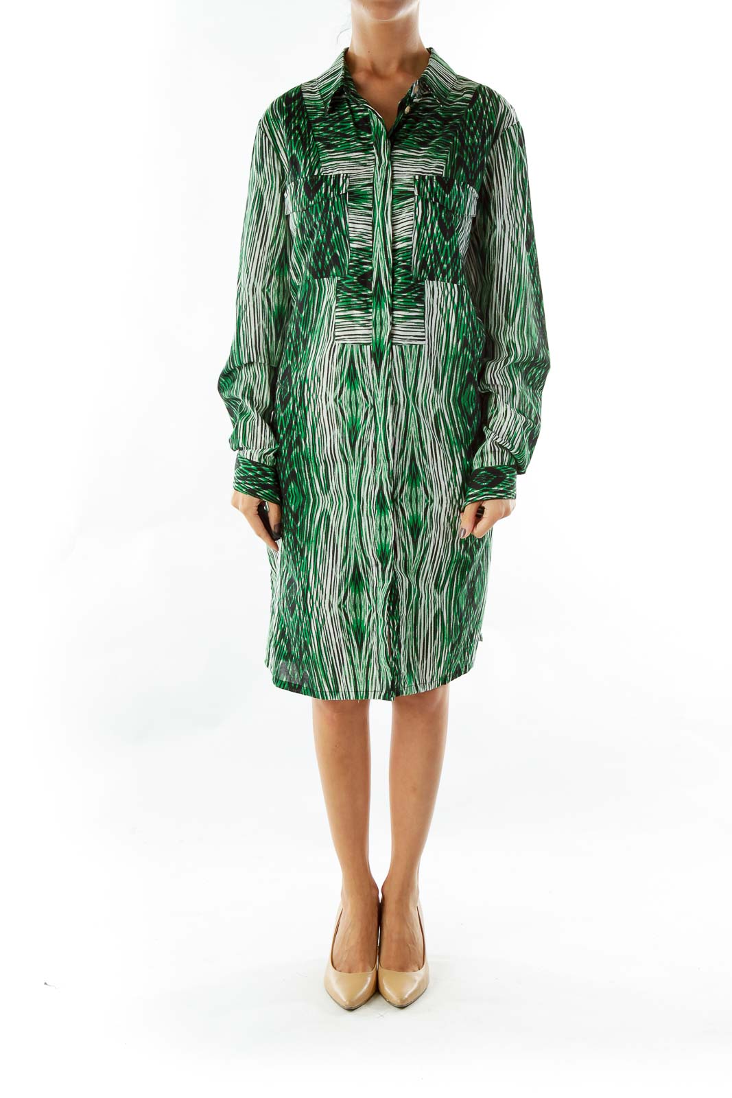 Green White Black Print Shirt Dress