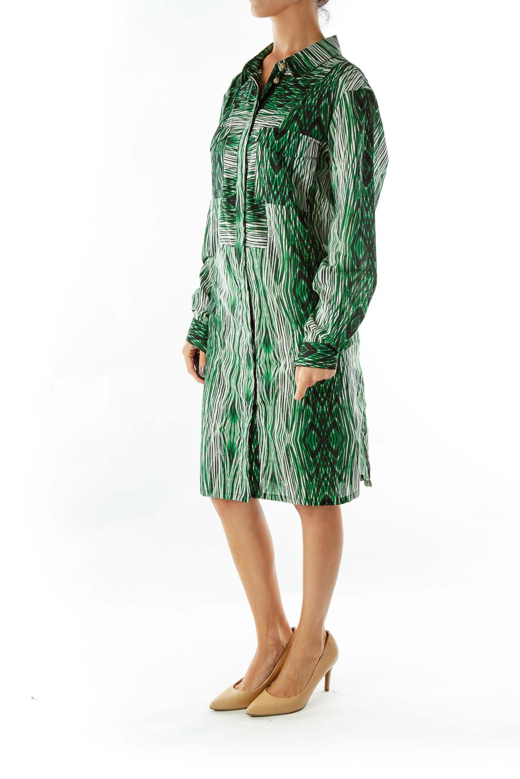 Green White Black Print Shirt Dress