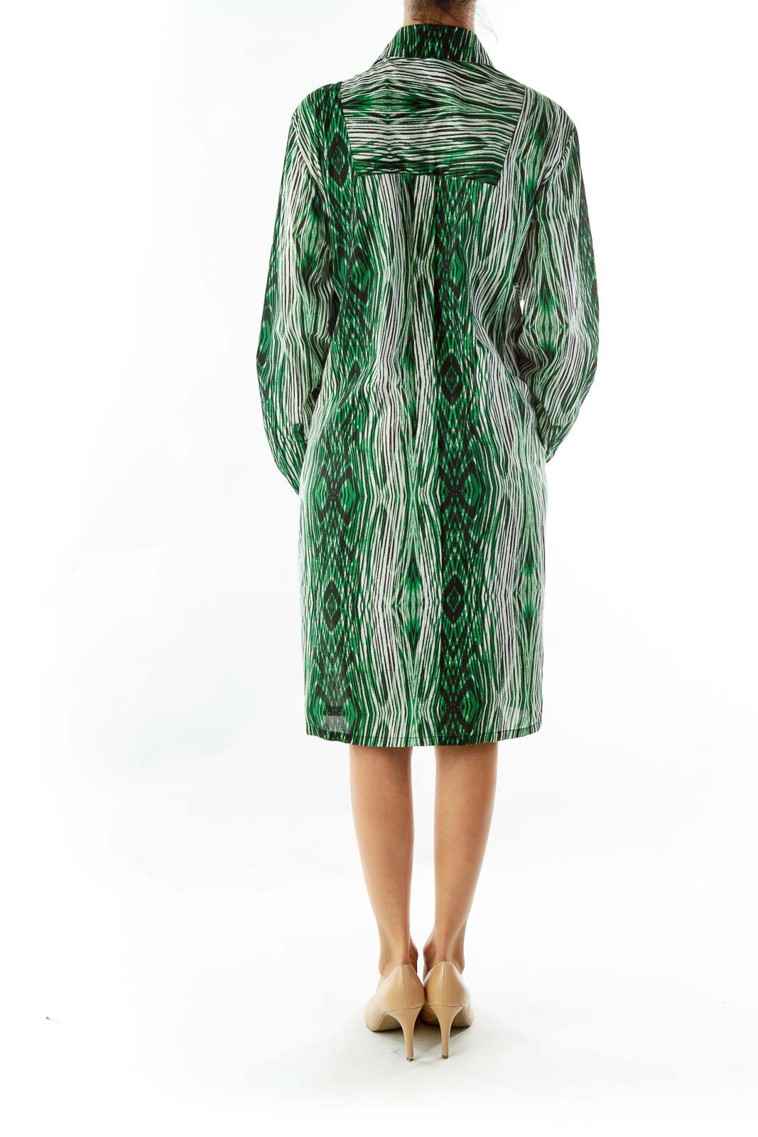 Green White Black Print Shirt Dress