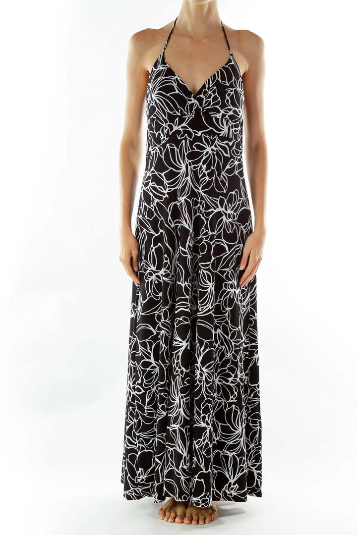 Black White Flower Print Maxi Dress