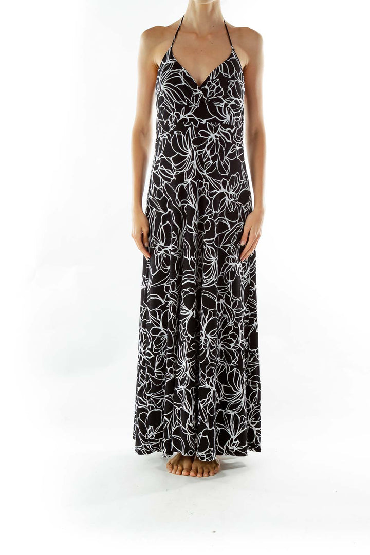 Black White Flower Print Maxi Dress