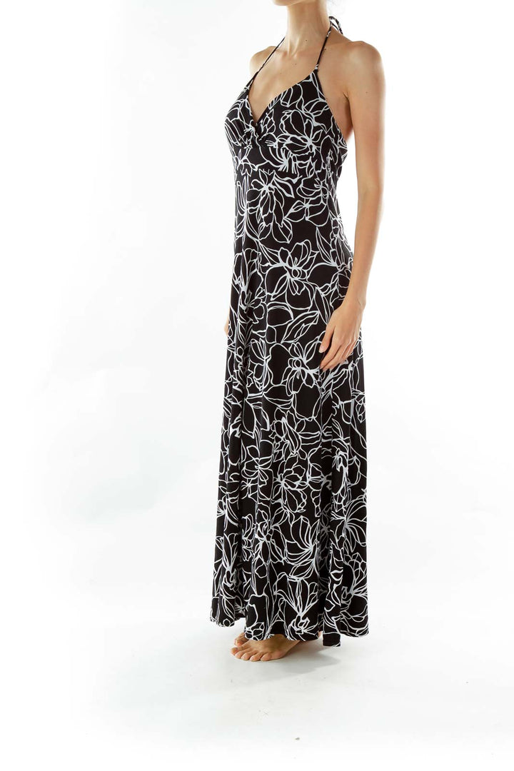 Black White Flower Print Maxi Dress