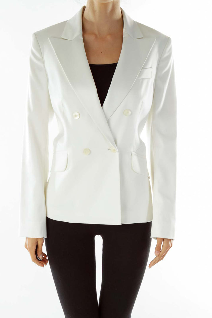 White Faux-Satin Double-Breasted Suit Jacket