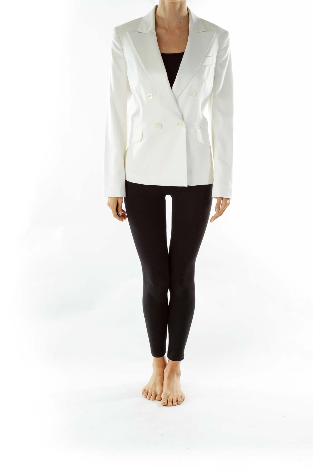 White Faux-Satin Double-Breasted Suit Jacket