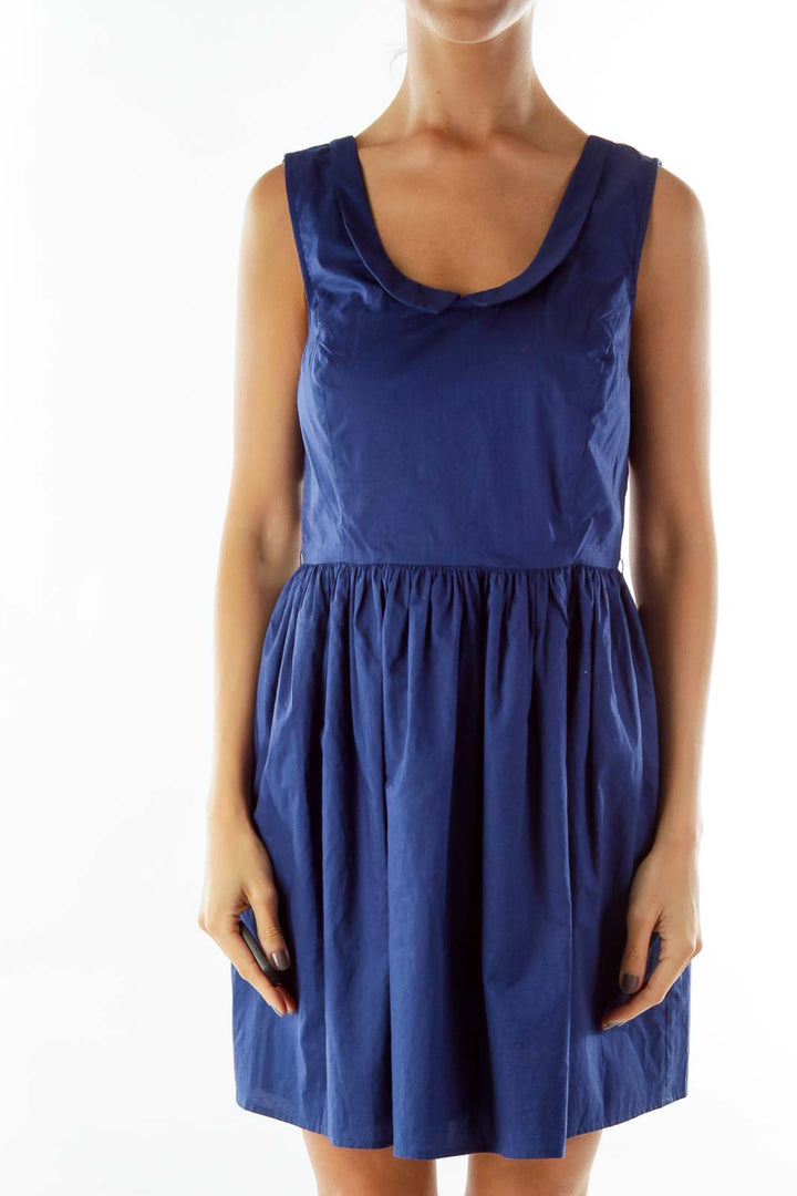 Blue Collared Flared Sleeveless Dress