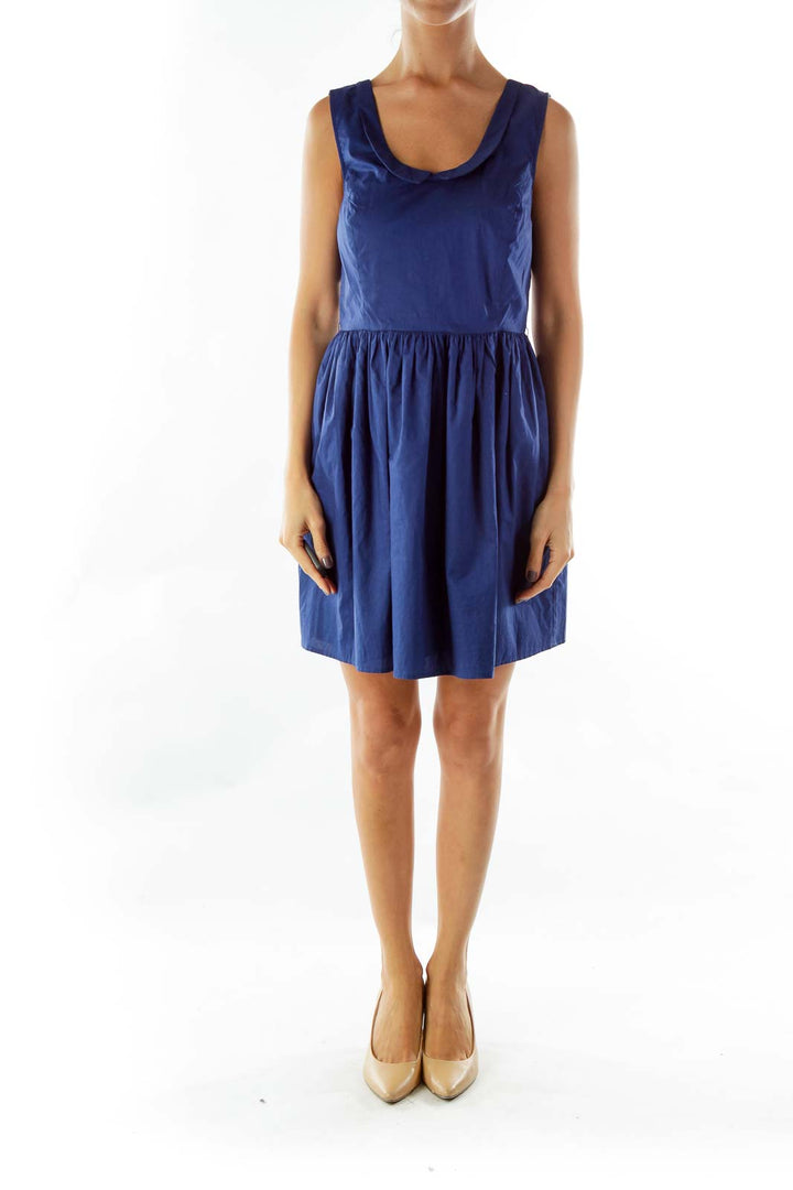 Blue Collared Flared Sleeveless Dress