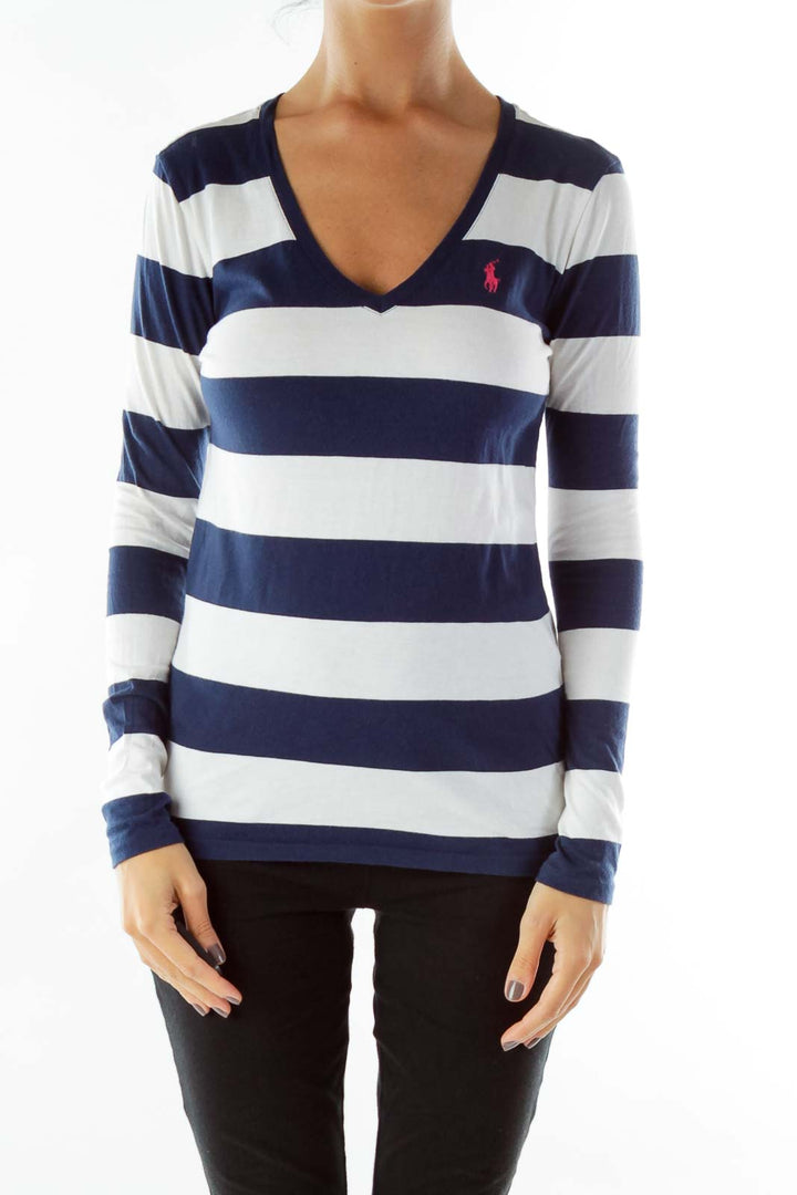 Navy White Striped V-Neck T-Shirt