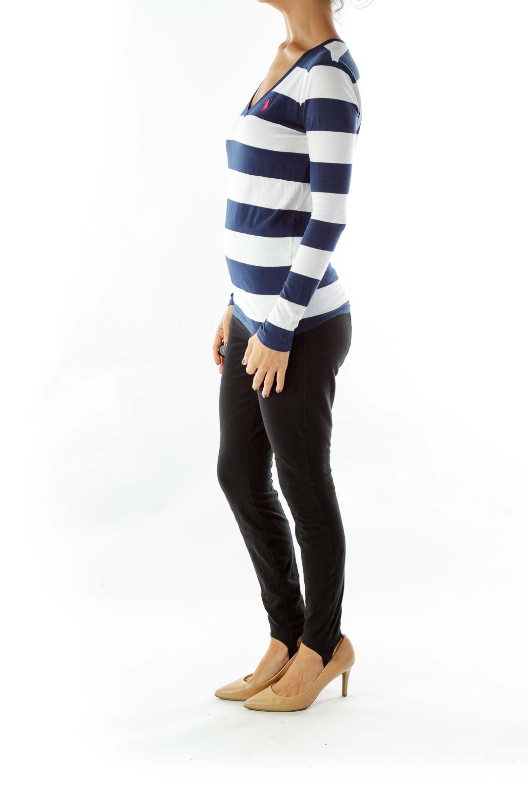 Navy White Striped V-Neck T-Shirt