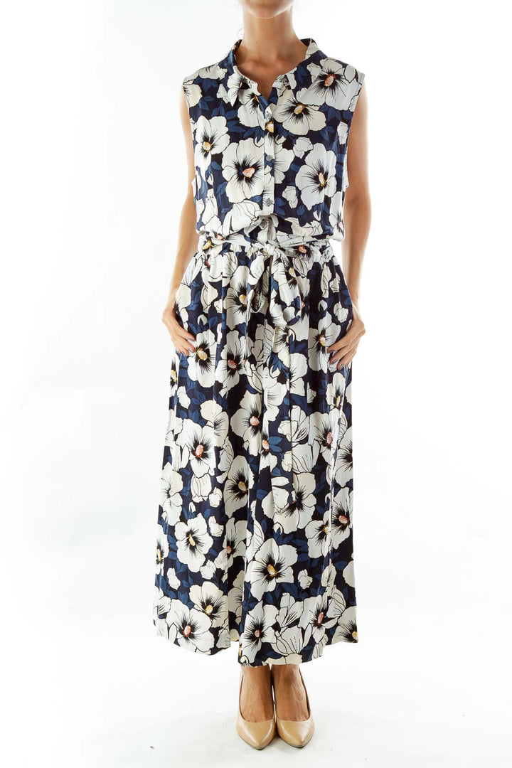 White Blue Flower Print Cropped Jumpsuit