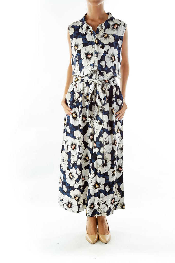 White Blue Flower Print Cropped Jumpsuit