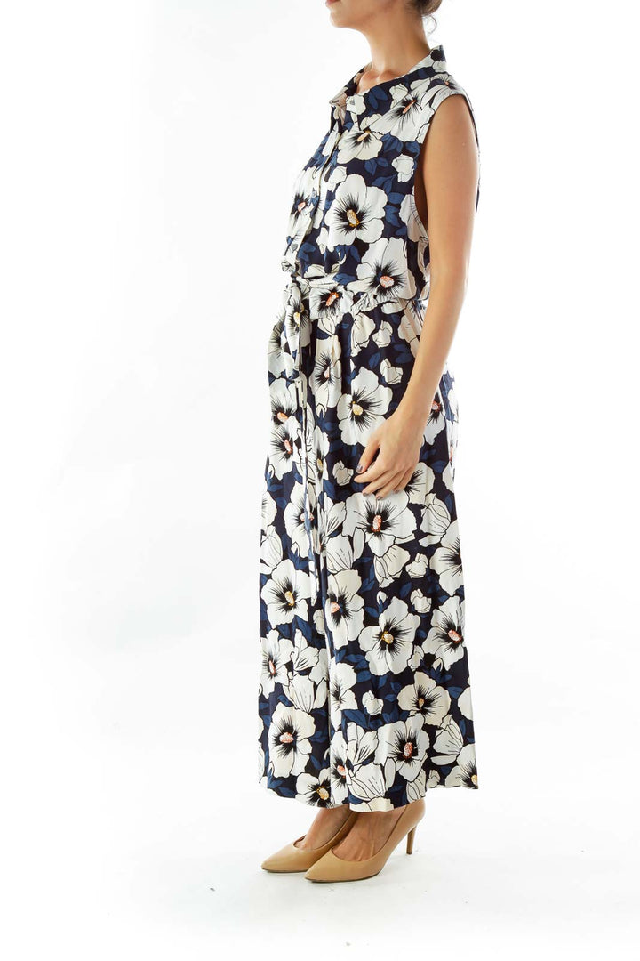 White Blue Flower Print Cropped Jumpsuit