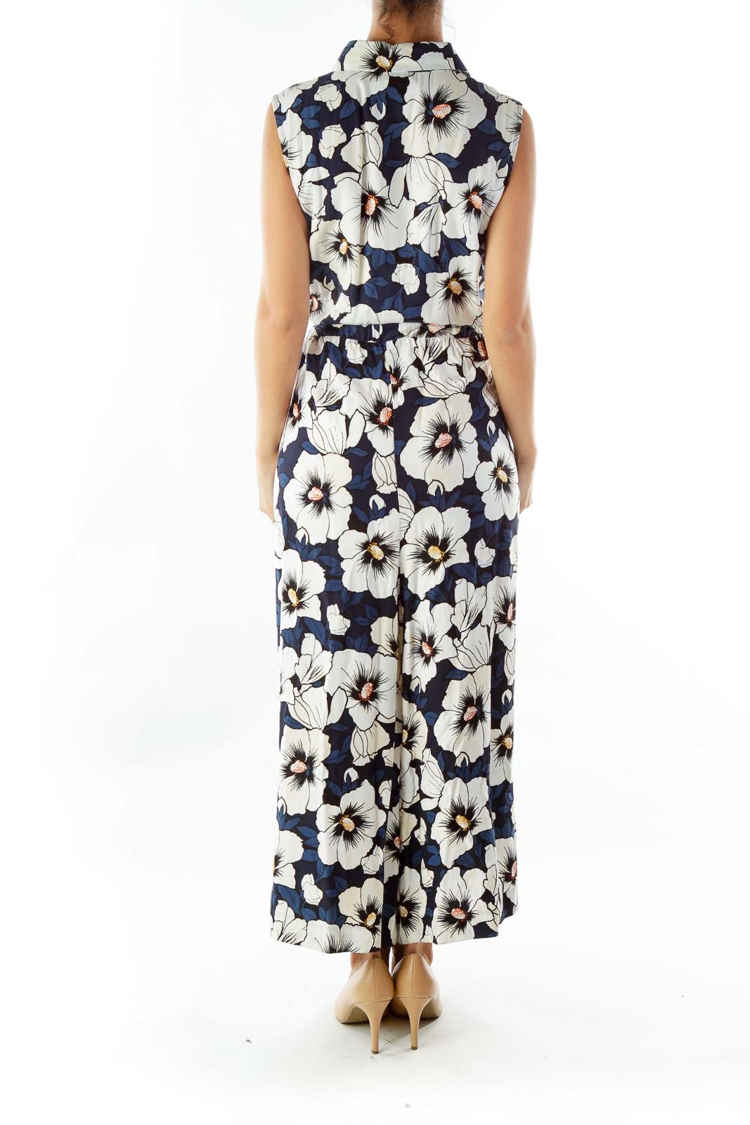 White Blue Flower Print Cropped Jumpsuit