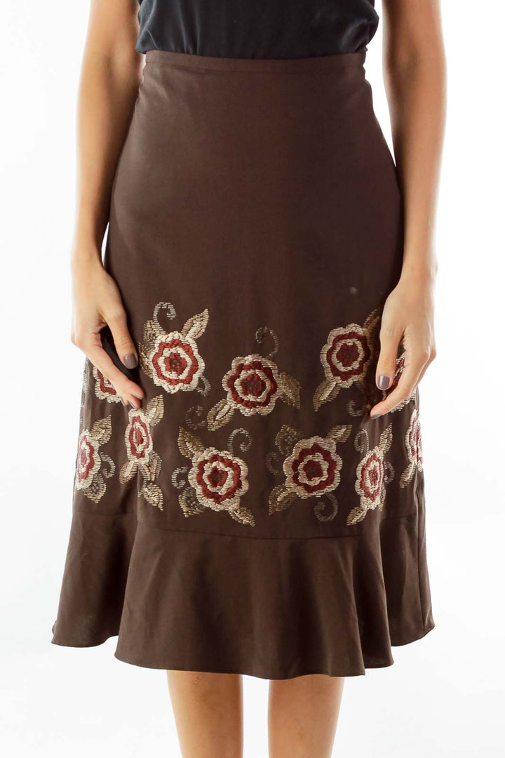 Brown Embroidered Flared Skirt