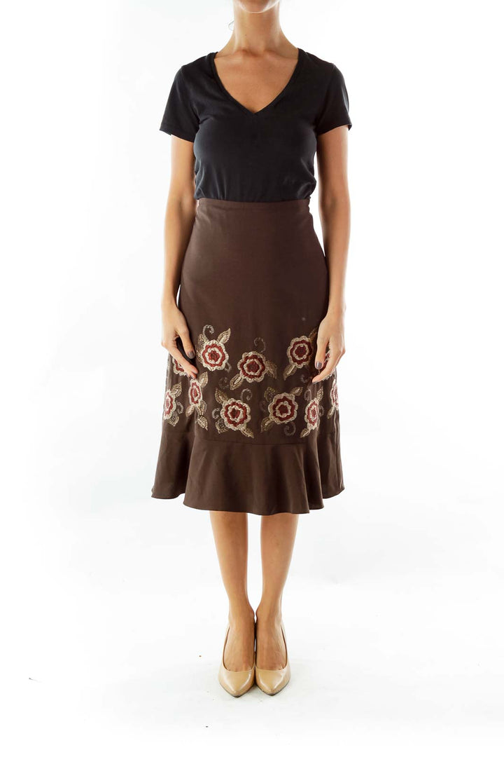 Brown Embroidered Flared Skirt