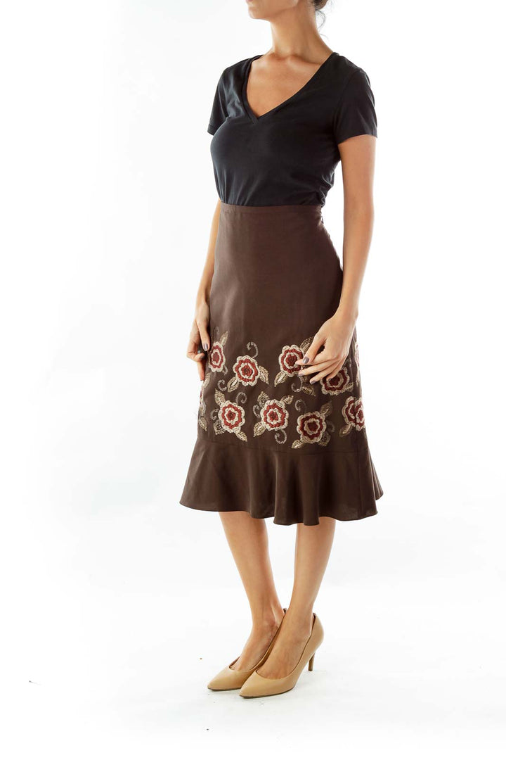 Brown Embroidered Flared Skirt