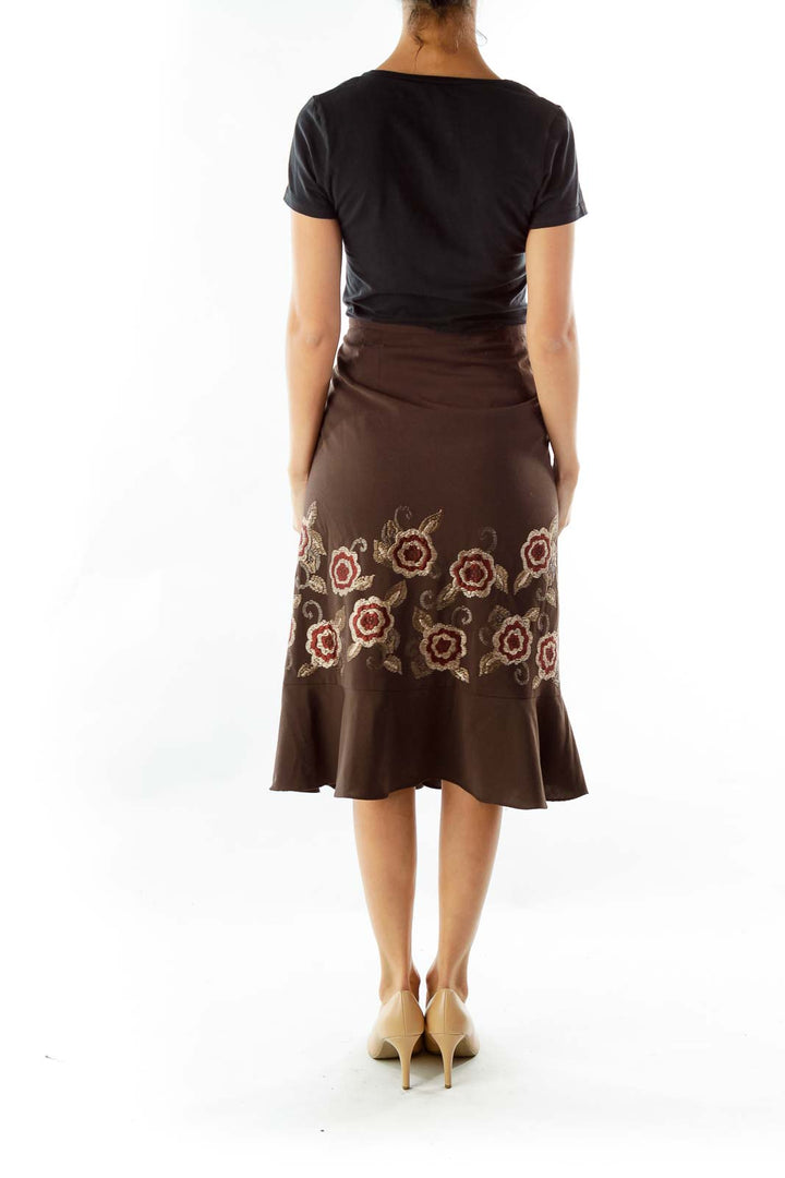 Brown Embroidered Flared Skirt