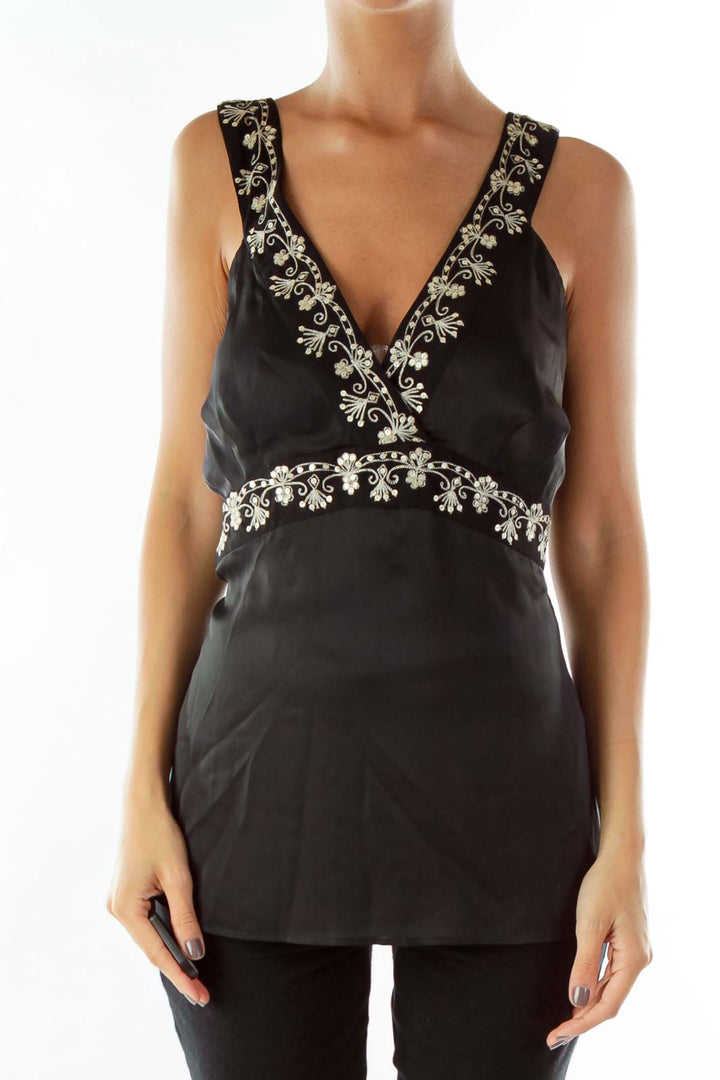 Black V-neck Embroidered Sleeveless Blouse