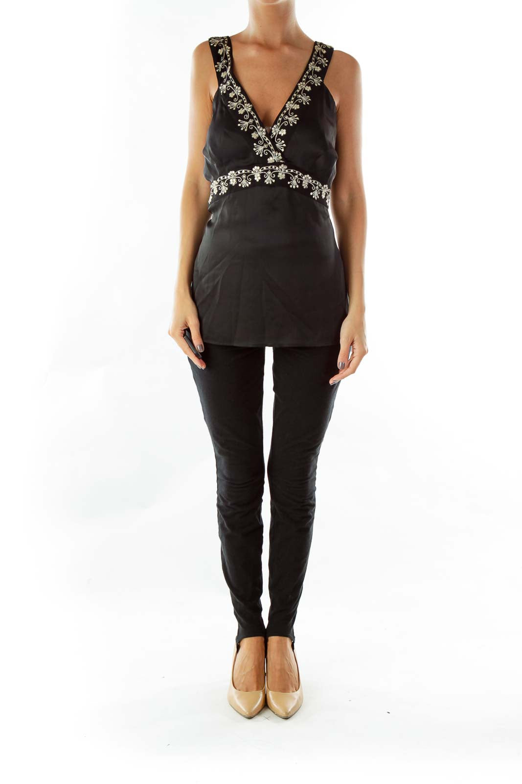 Black V-neck Embroidered Sleeveless Blouse