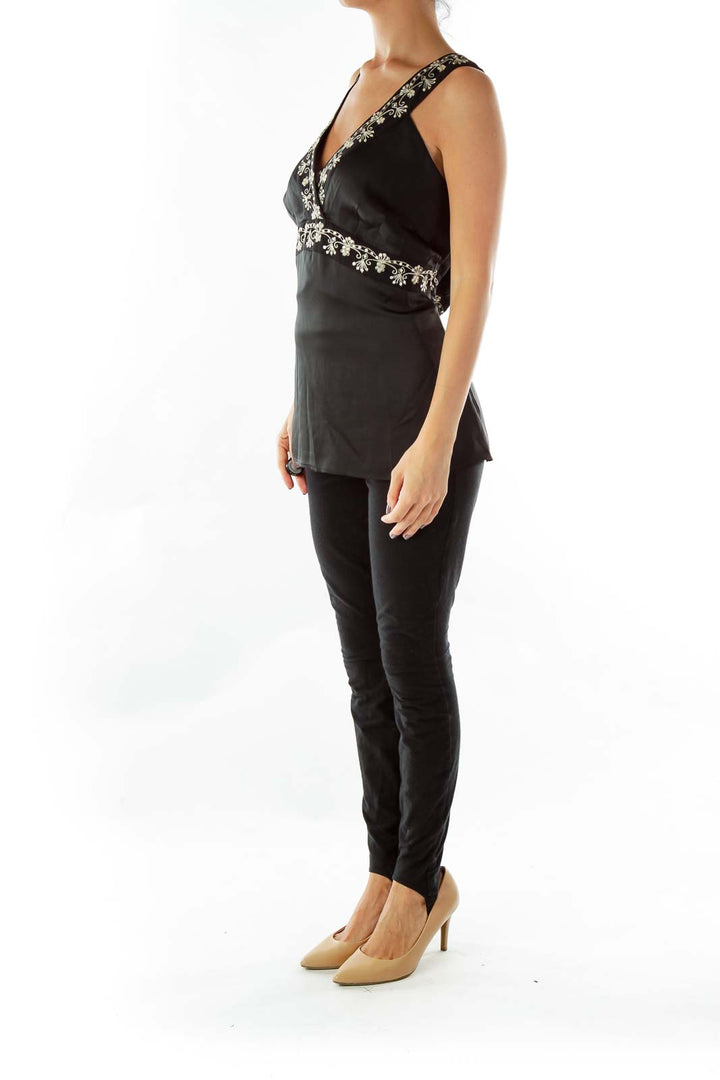 Black V-neck Embroidered Sleeveless Blouse