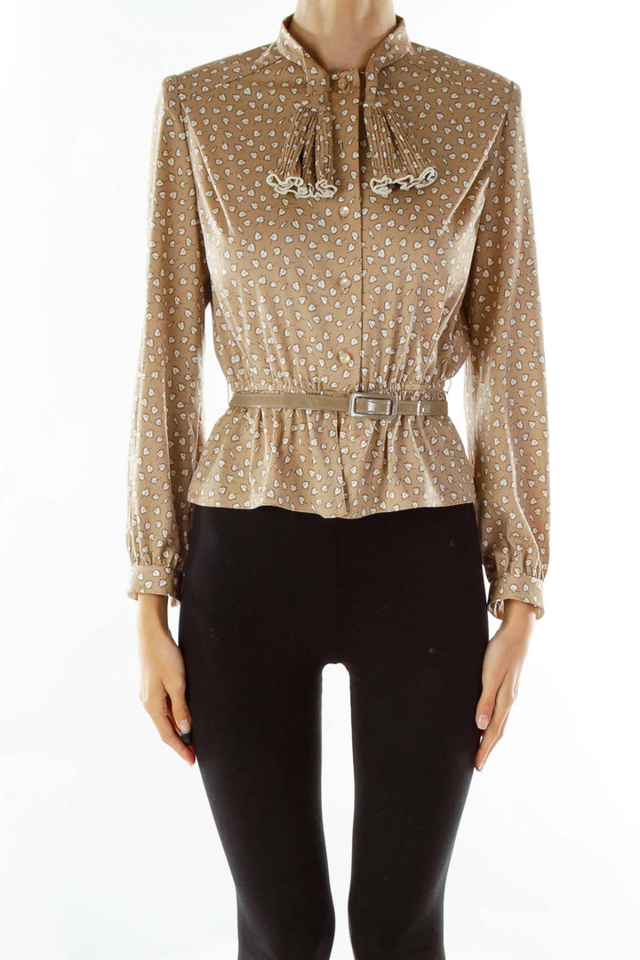 Beige Print Belted Stretchy Blouse