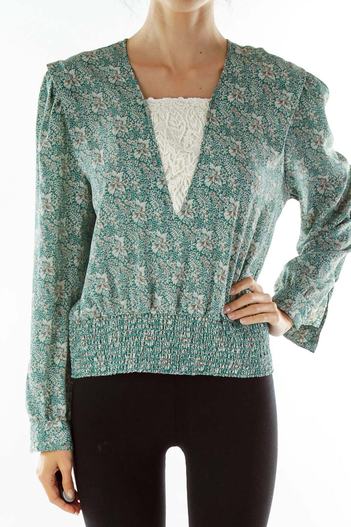 Green Brown Print Lace Blouse