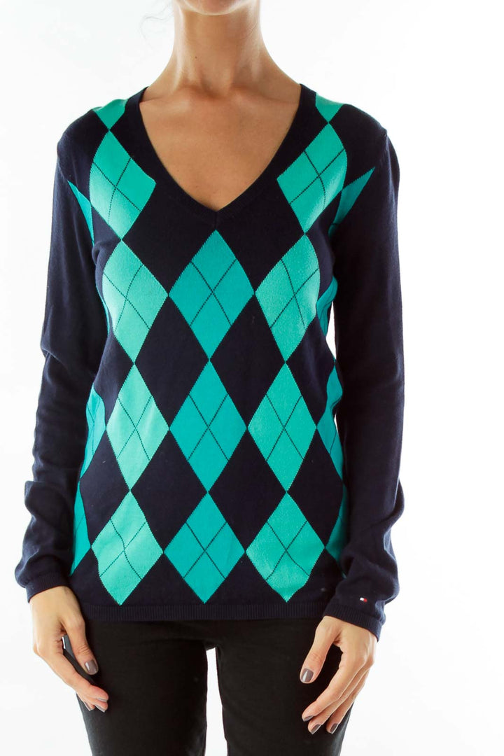 Navy Green Argyle V-Neck Sweater