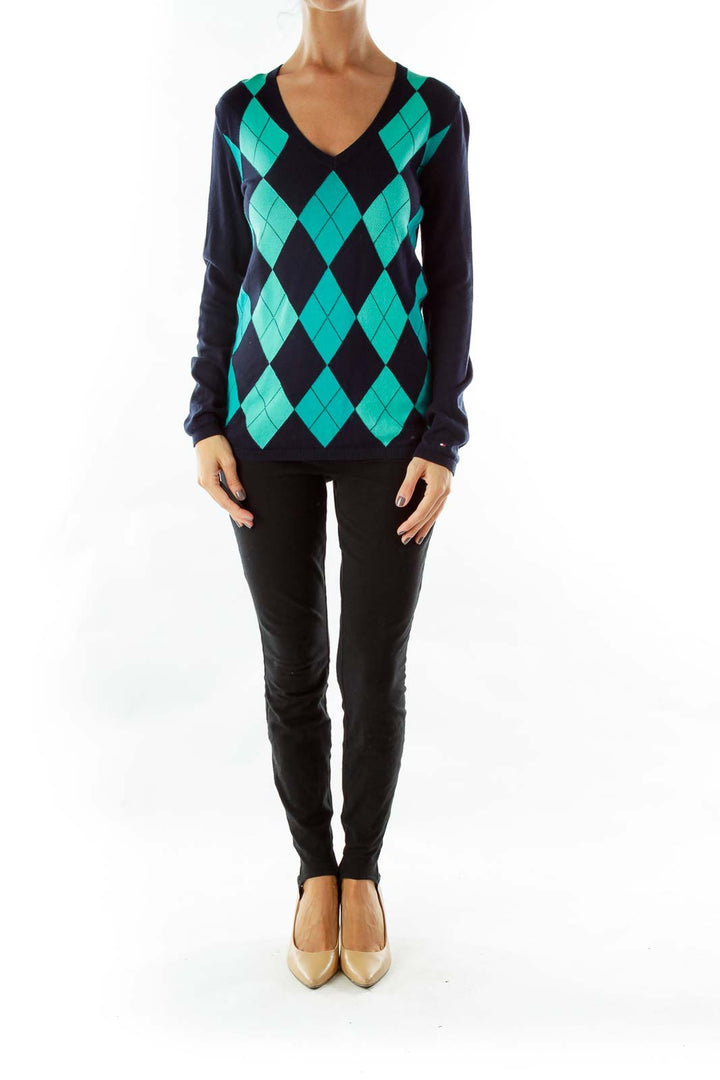 Navy Green Argyle V-Neck Sweater