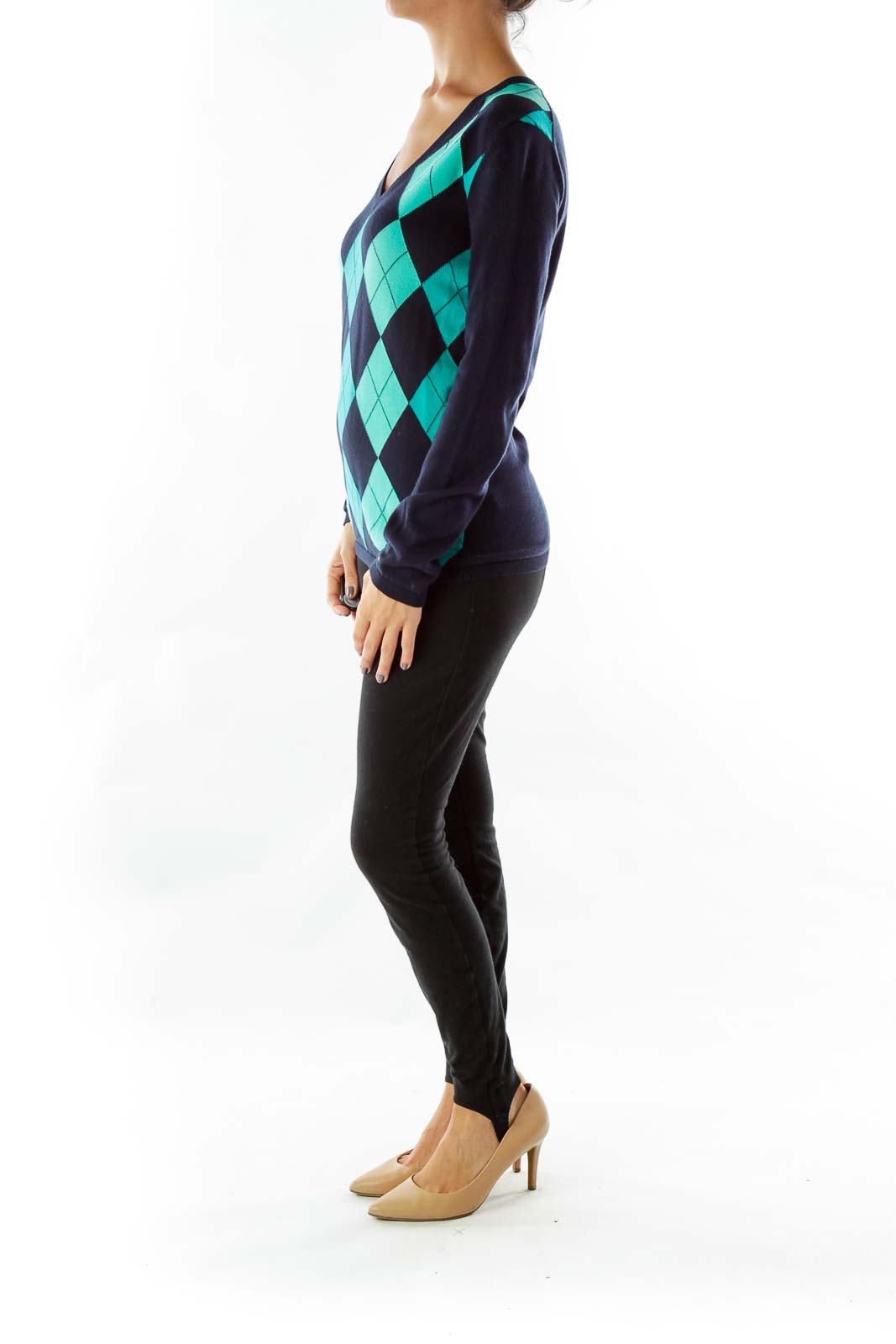 Navy Green Argyle V-Neck Sweater