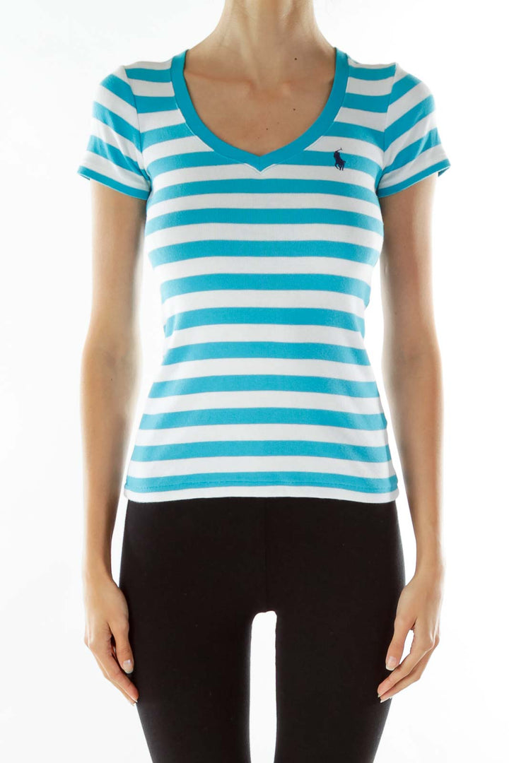 Blue White Striped V-Neck T-shirt