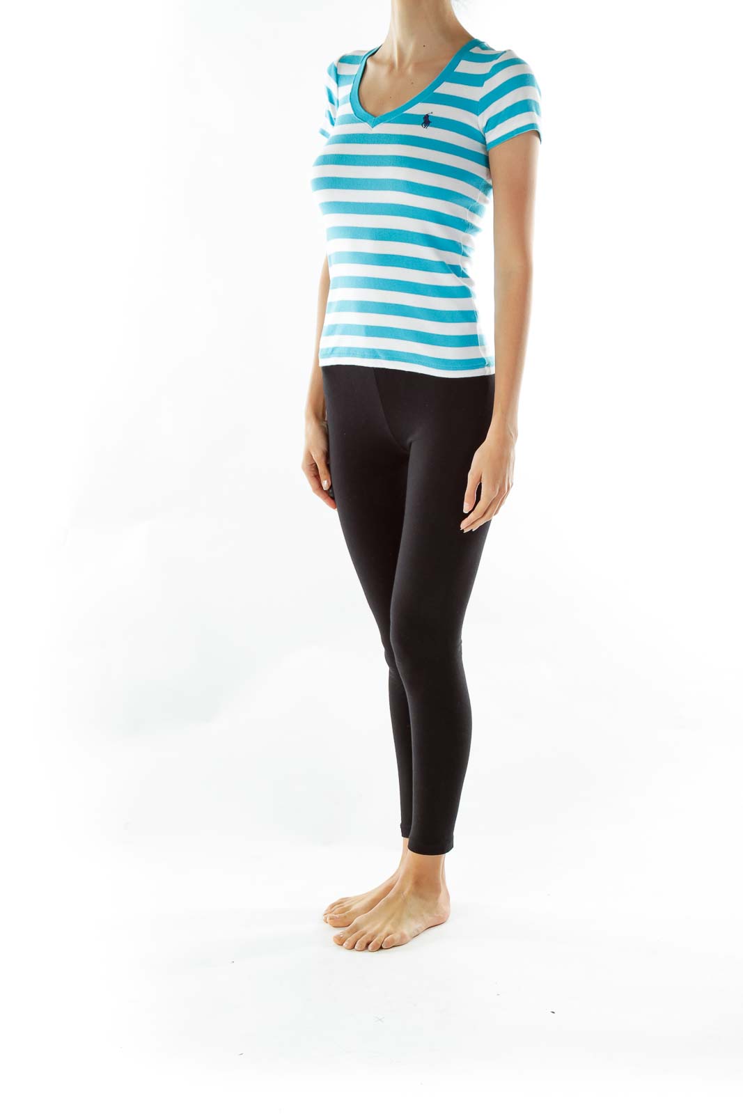 Blue White Striped V-Neck T-shirt