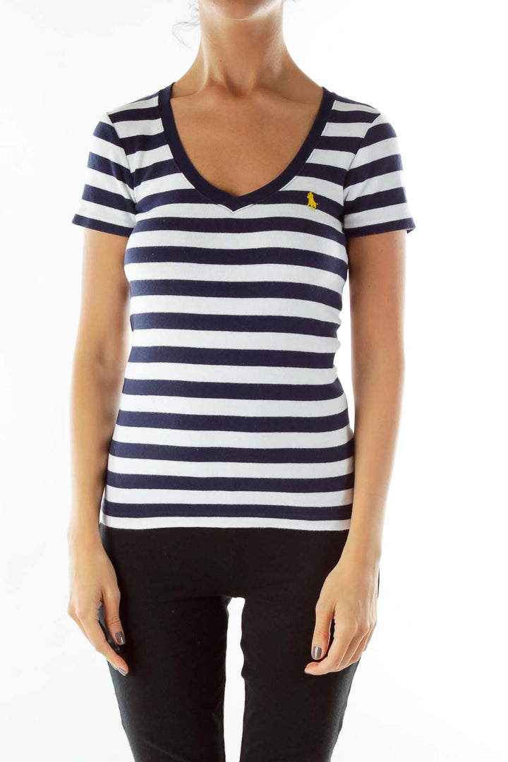 Navy White Striped V-Neck T-Shirt