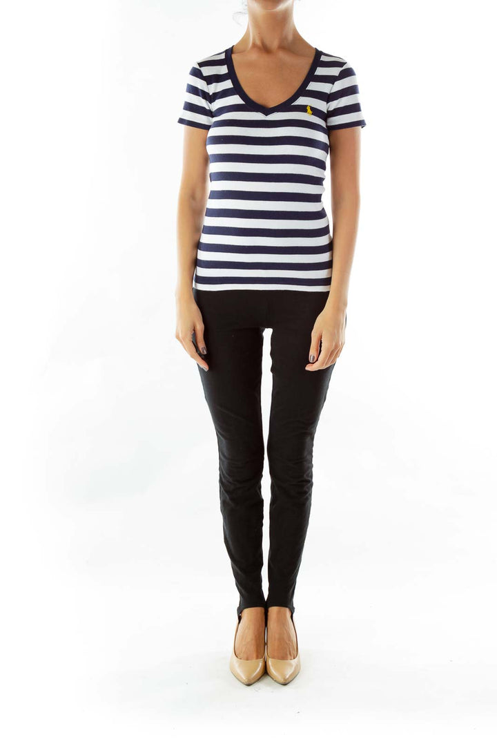 Navy White Striped V-Neck T-Shirt