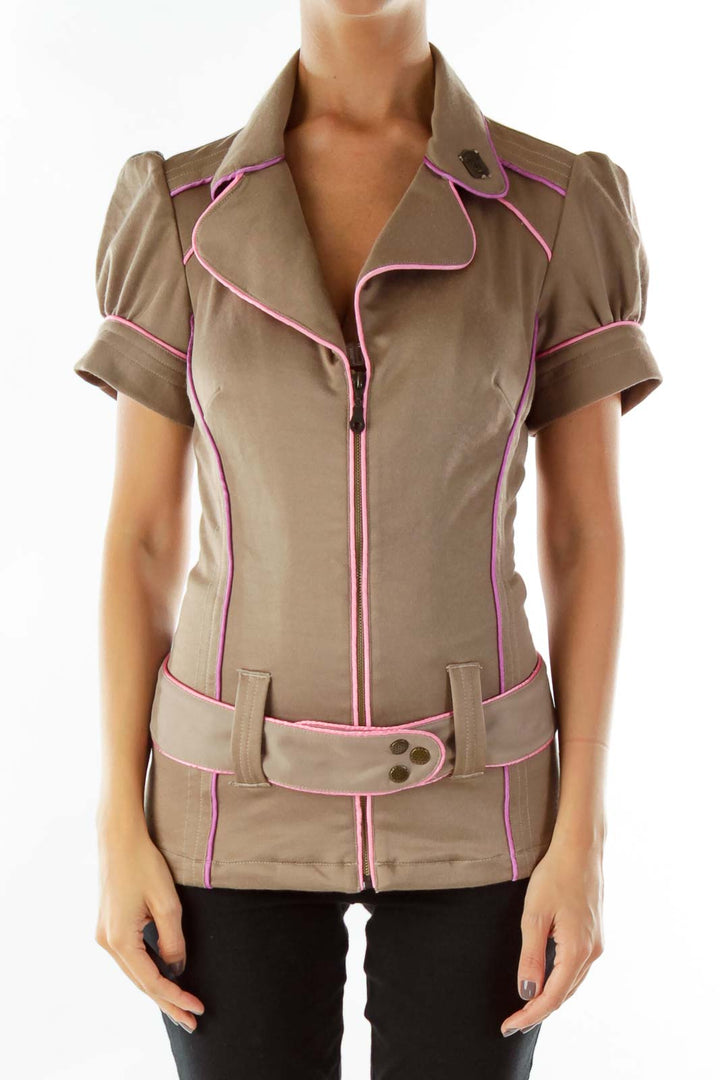 Brown Pink Lined Belted Short Sleeve Jacket