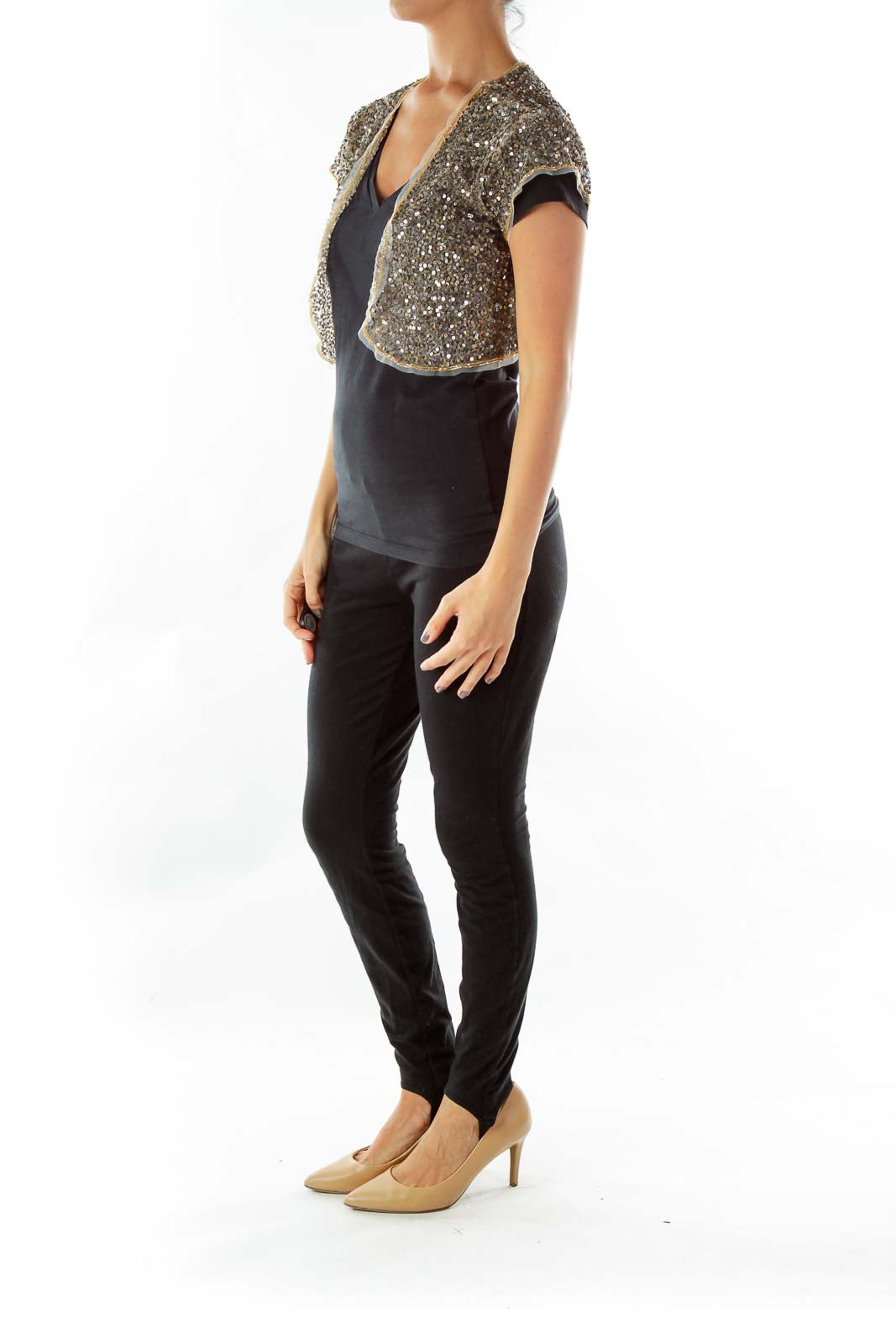 Sequined Short-Sleeve Cropped Bolero