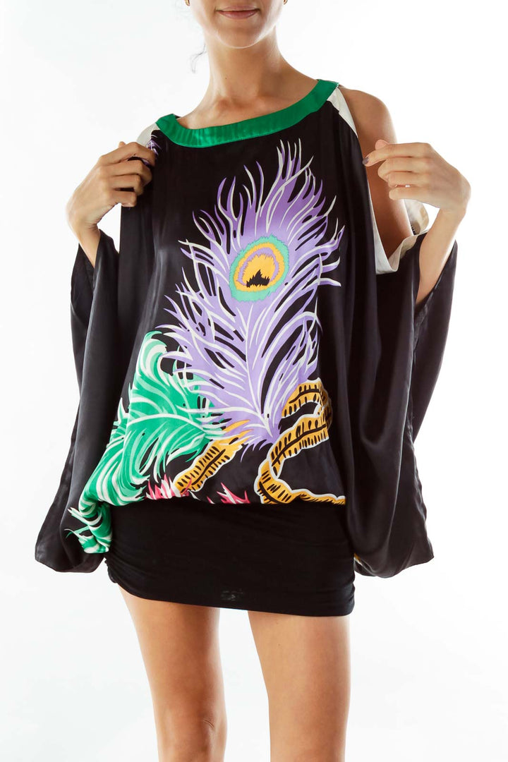 Black Multicolor Peacock Print Blouse