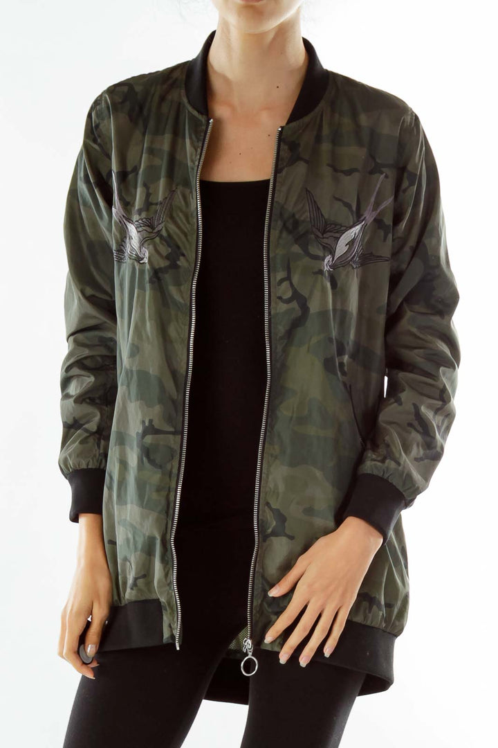 Green Print Embroidered Bomber Jacket