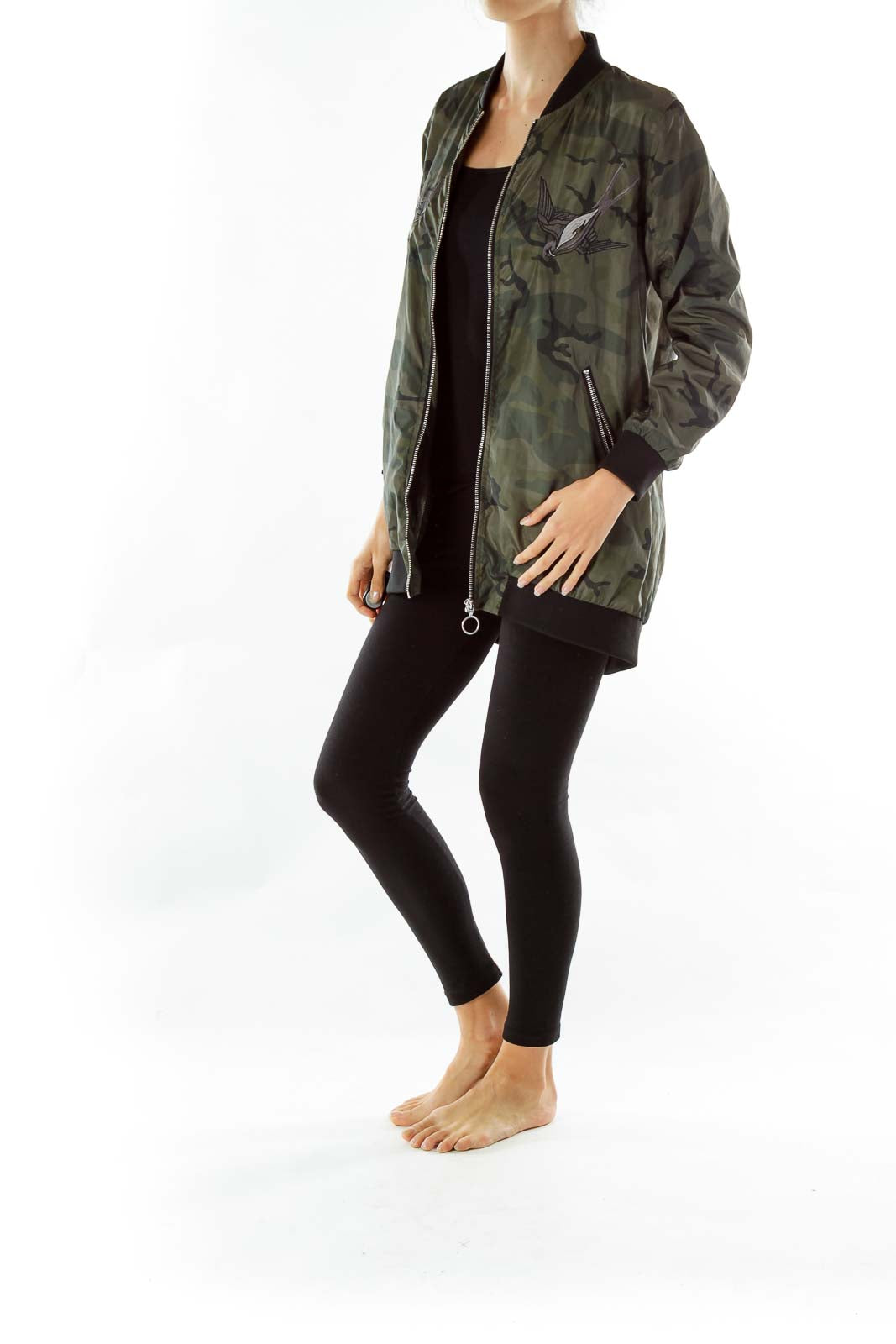 Green Print Embroidered Bomber Jacket