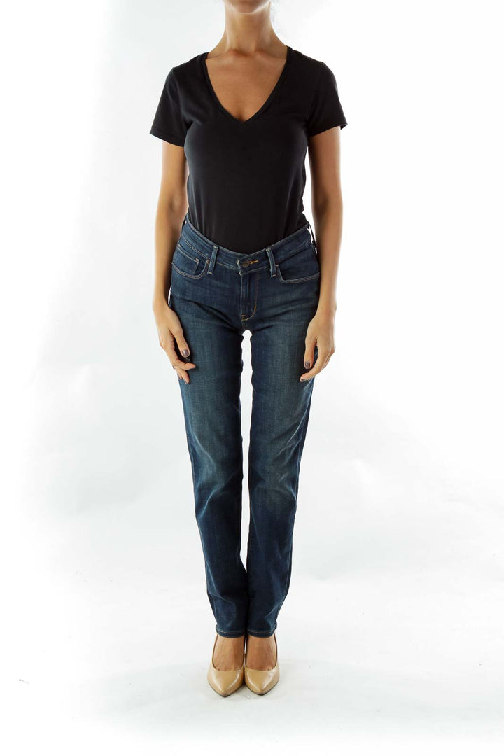 Navy Mid-Rise Straight-Leg Jeans