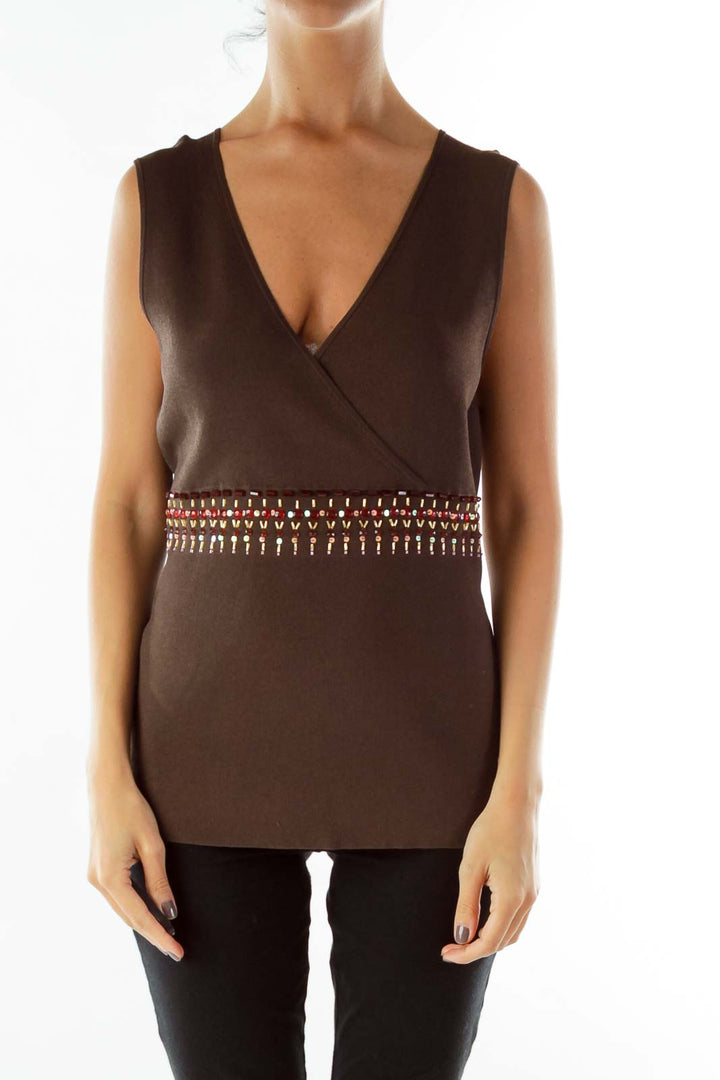 Brown V-neck Jeweled Knit Vest