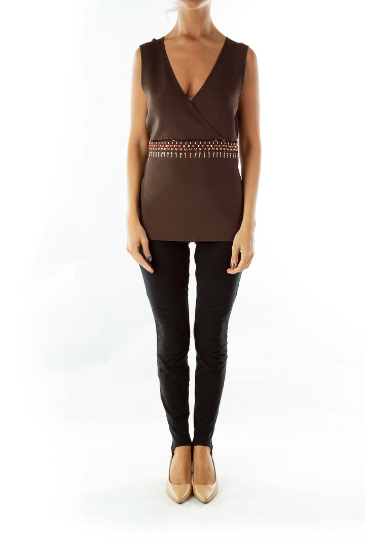 Brown V-neck Jeweled Knit Vest