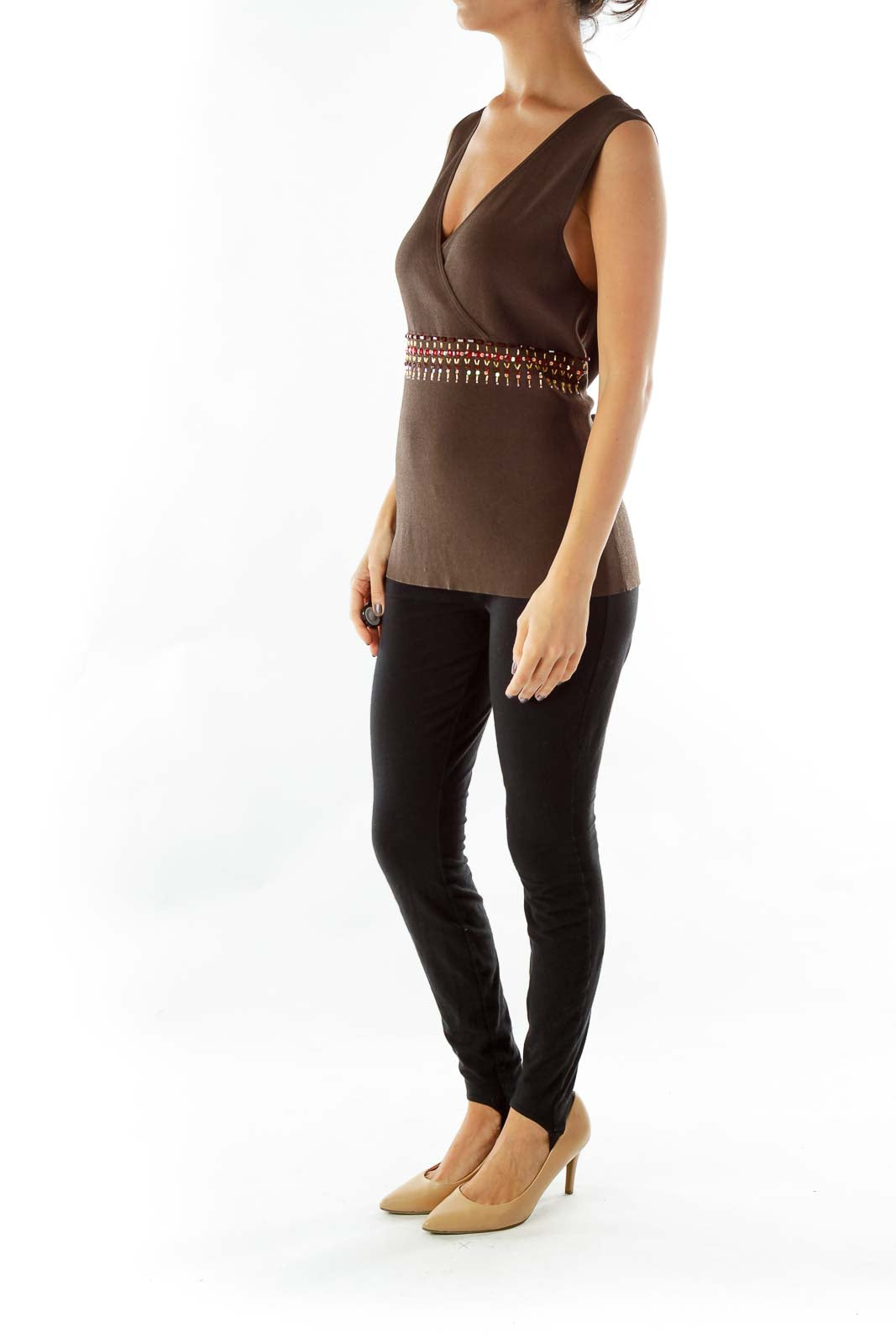 Brown V-neck Jeweled Knit Vest