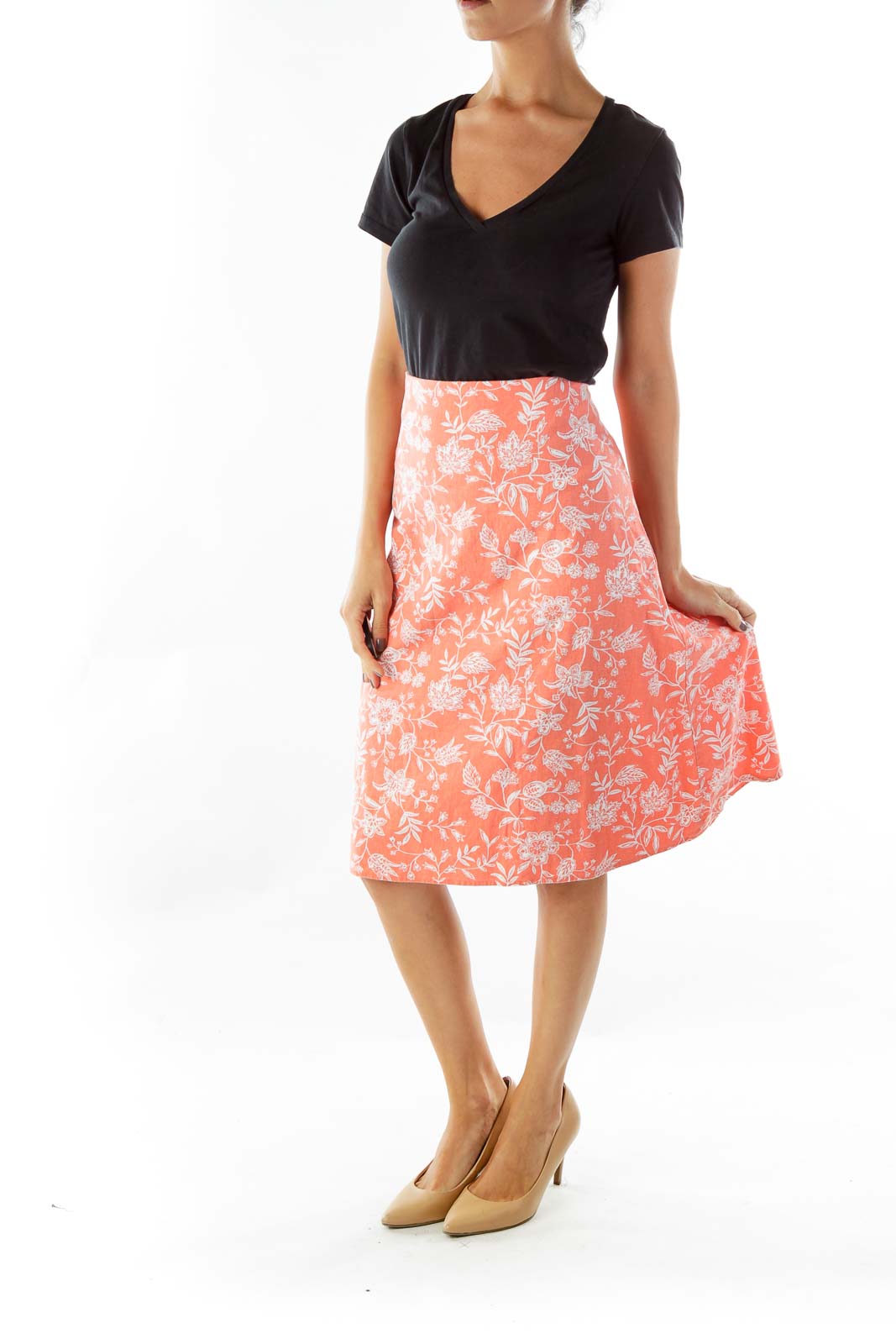 Orange White Linen Flower Flared Skirt