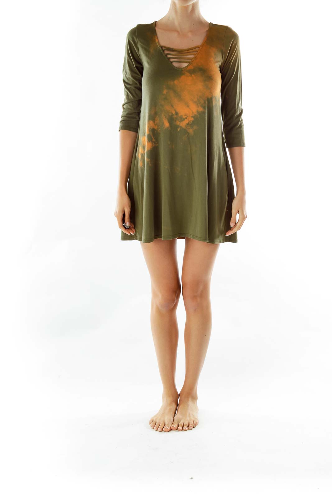 Green V-neck Tie Dye Day Dress