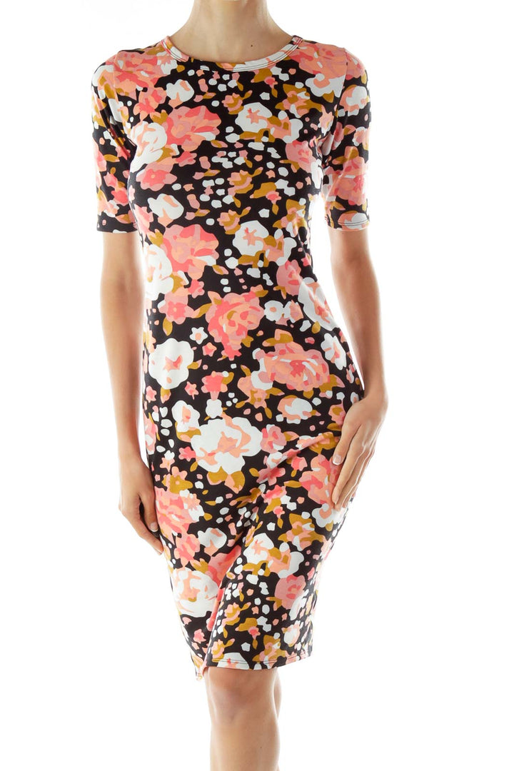 Pink Black Flower Print Day Dress