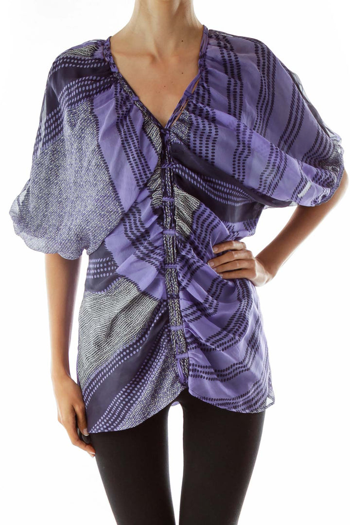 Purple Black Print Scrunched Blouse