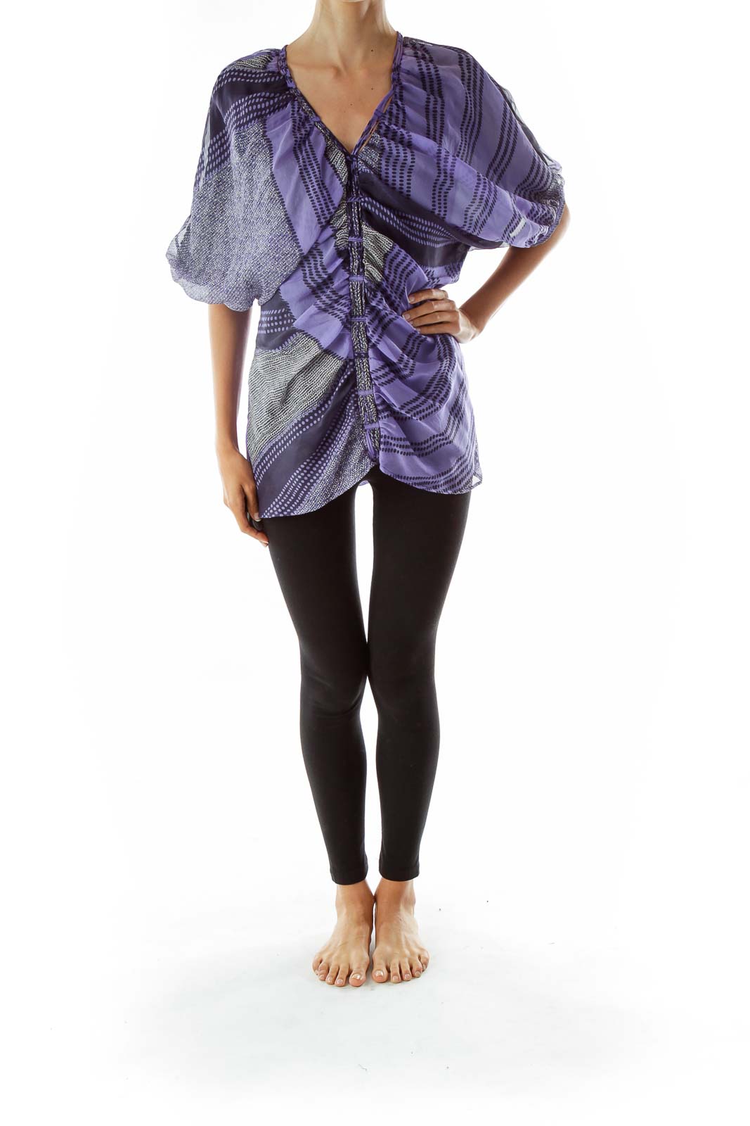 Purple Black Print Scrunched Blouse