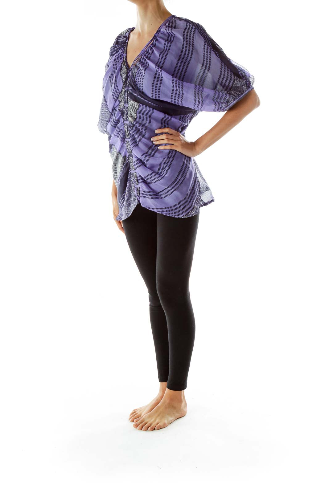 Purple Black Print Scrunched Blouse