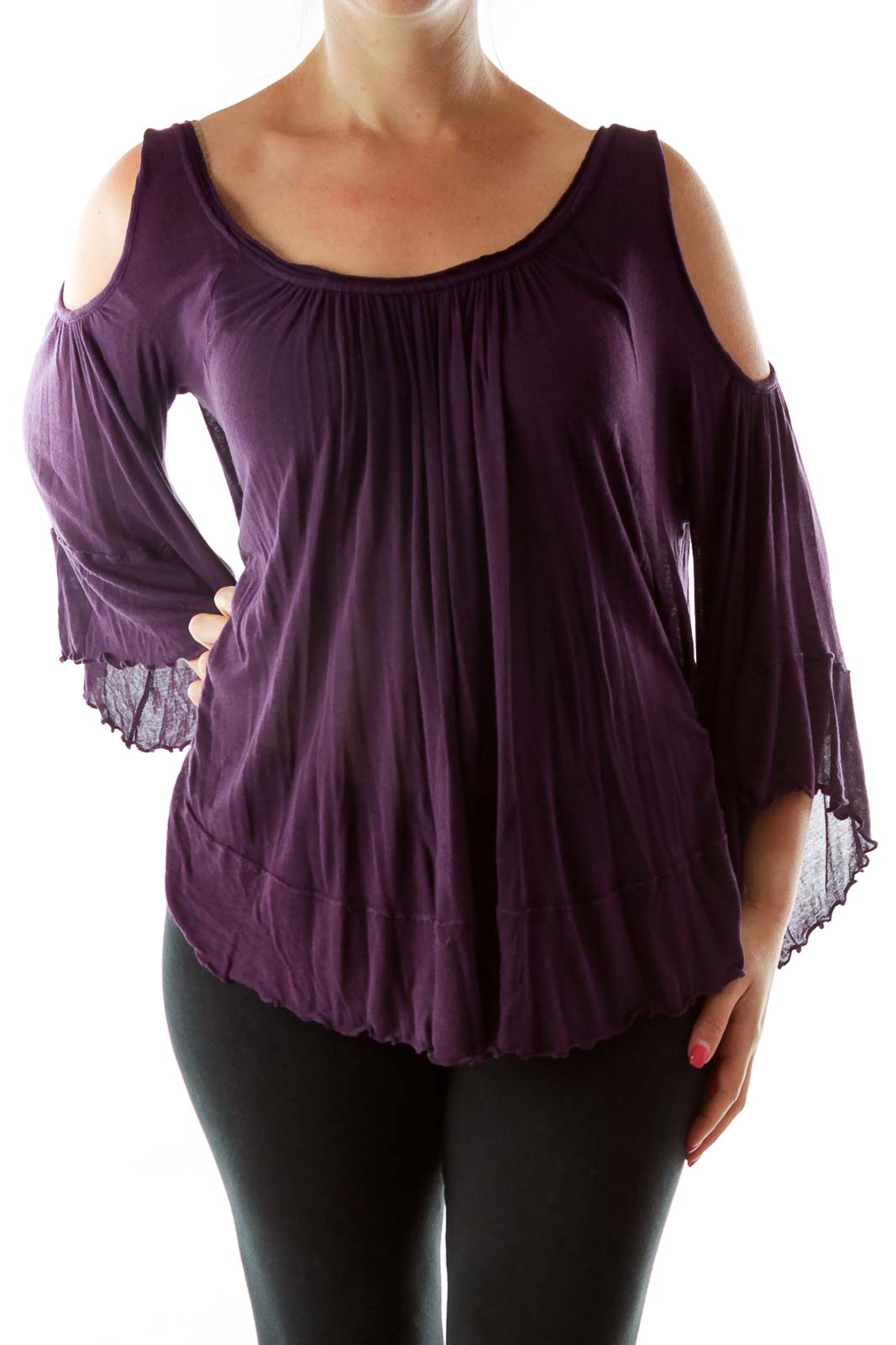 Front view of purple Free People cold shoulder top with lace-trimmed bell sleeves