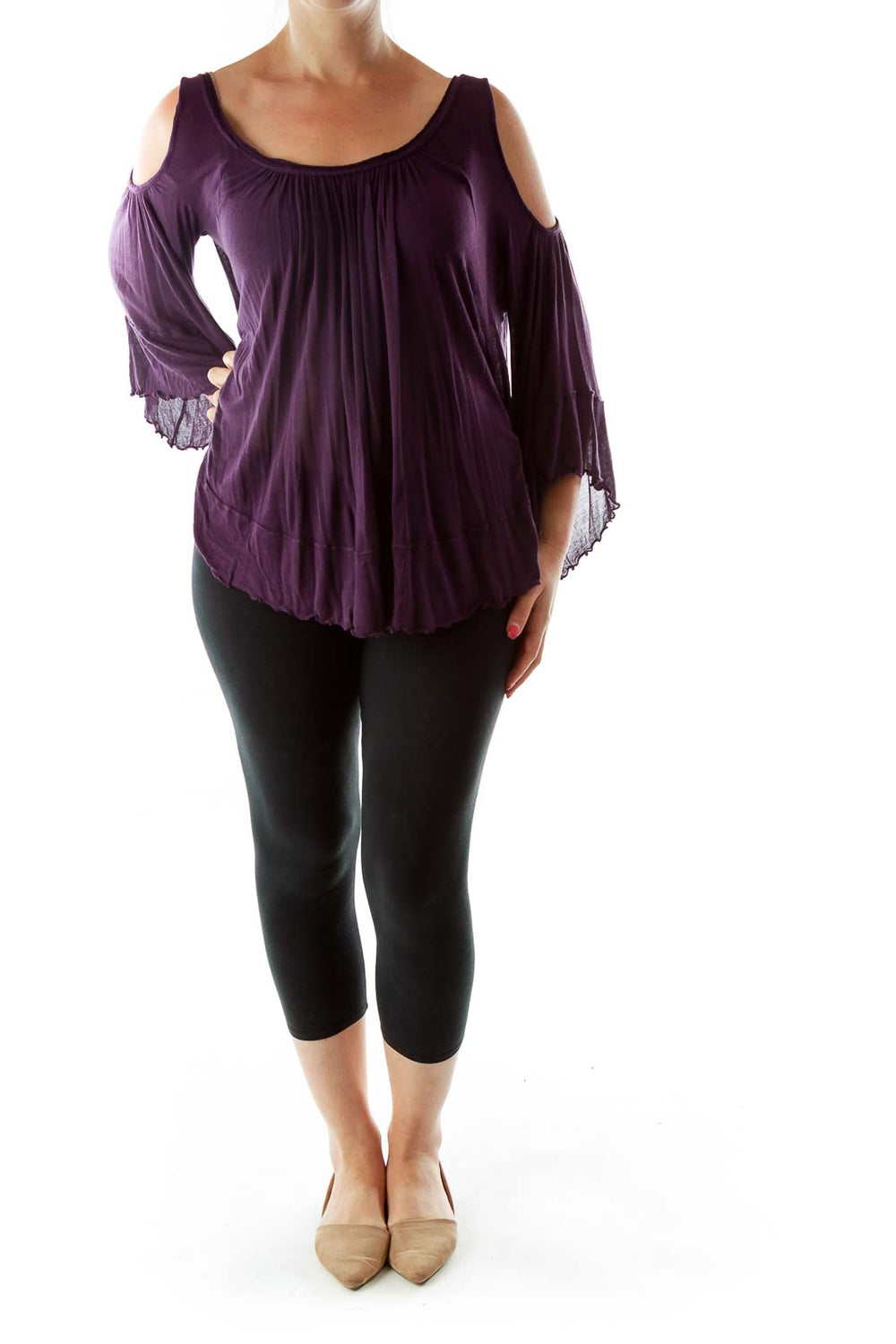 Front view of purple Free People cold shoulder top with lace-trimmed bell sleeves