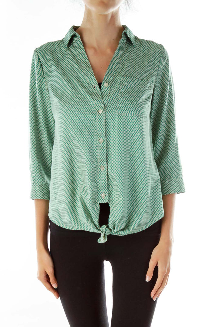 Green Print Pocketed Button-Up Blouse